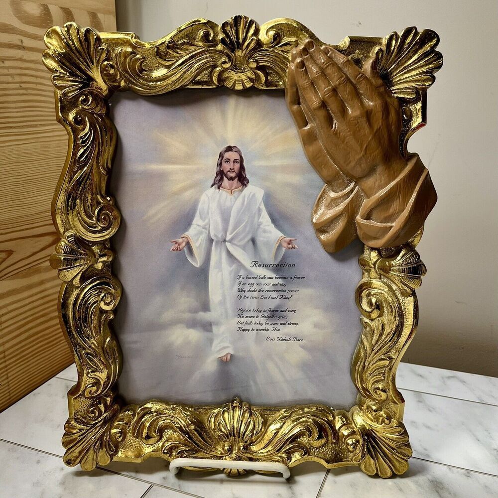VINTAGE JESUS CHRIST Plastic Framed Picture RESURRECTION POEM GOLD Praying Hands